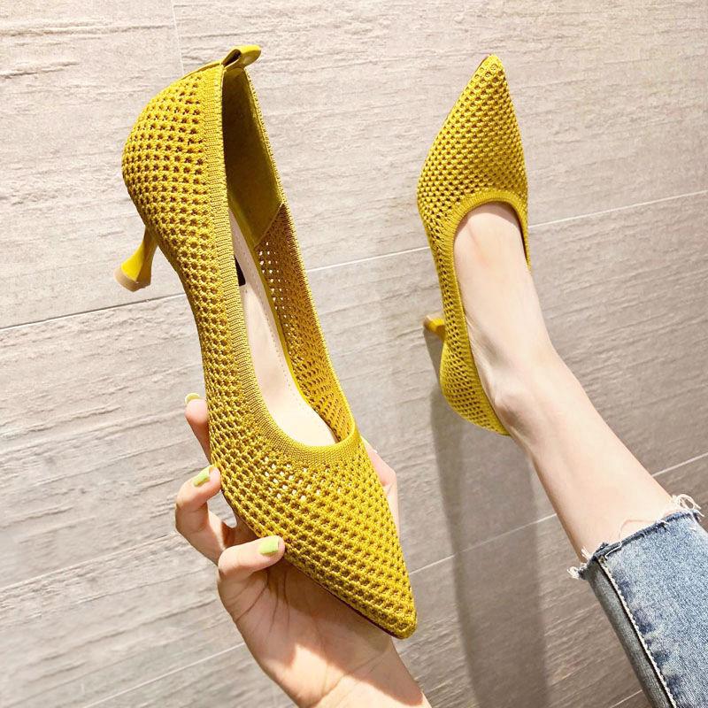 Women Pumps Summer Comfortable Triangle Heeled Party Shoes Stiletto Sexy Single Shoes Flying Woven Mesh Breathable