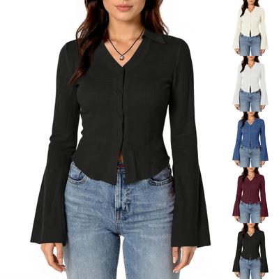 Moda Femenina Casual Solapa Manga Campana Simple Botonadura