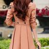 Fall Winter Women Jacket Double breasted Lapel Mid Length Solid Color Pleated Long Sleeve A line Tight Waist OL Commute Style Lady Jacket Trench Coat