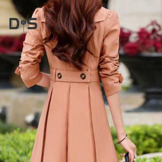 Fall Winter Women Jacket Double Breasted Lapel Mid Length Solid Color Pleated Long Sleeve A Line Tight Waist OL Commute Style Lady Jacket Trench Coat