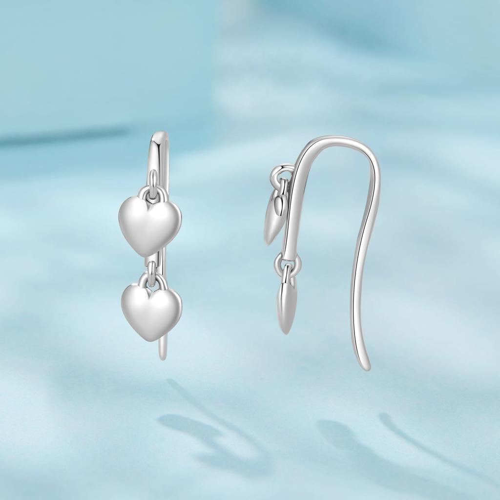 Silver double hanging HEART earrings with open hooks