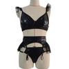 Porn Suit Women Sexy Lingerie PU Patent Leather Cute Mesh Poncho Edge Bra and Panties with Garter Set Passion Exotic Sets