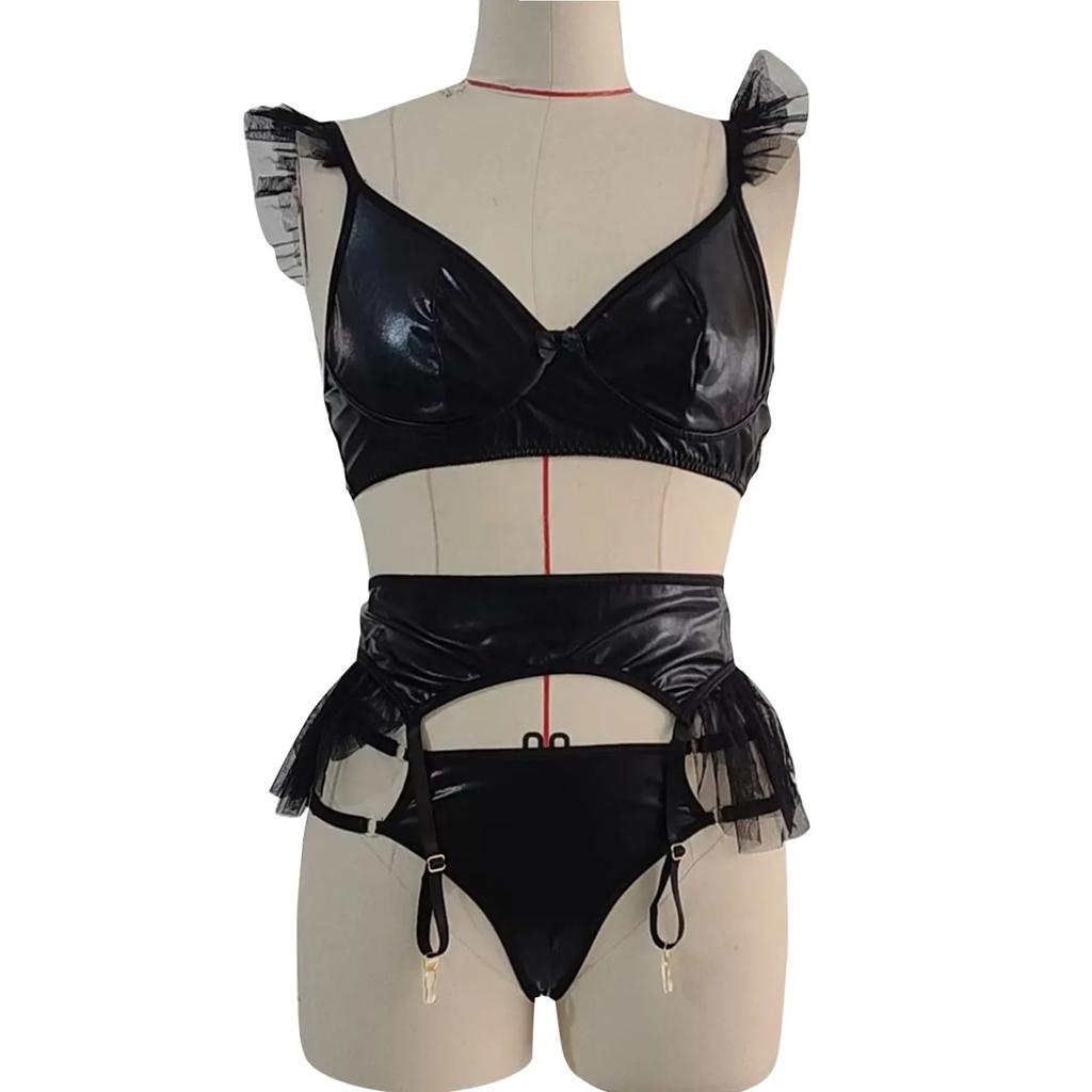Porn Suit Women Sexy Lingerie PU Patent Leather Cute Mesh Poncho Edge Bra and Panties with Garter Set Passion Exotic Sets