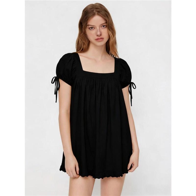 Women Square Neck Mini Dress Puff Short Sleeve Ruffle Hem Summer Loose Casual Sundress L