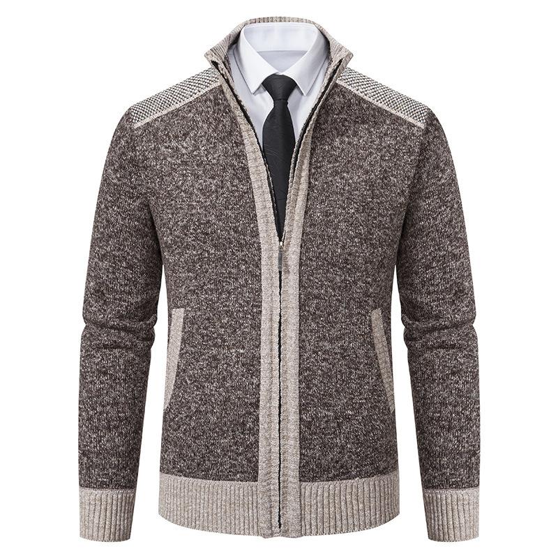 Winter Men's Plus Velvet Thick Sweater Fashionable Color Zipper Cardigan Stand Collar Knit Jacket