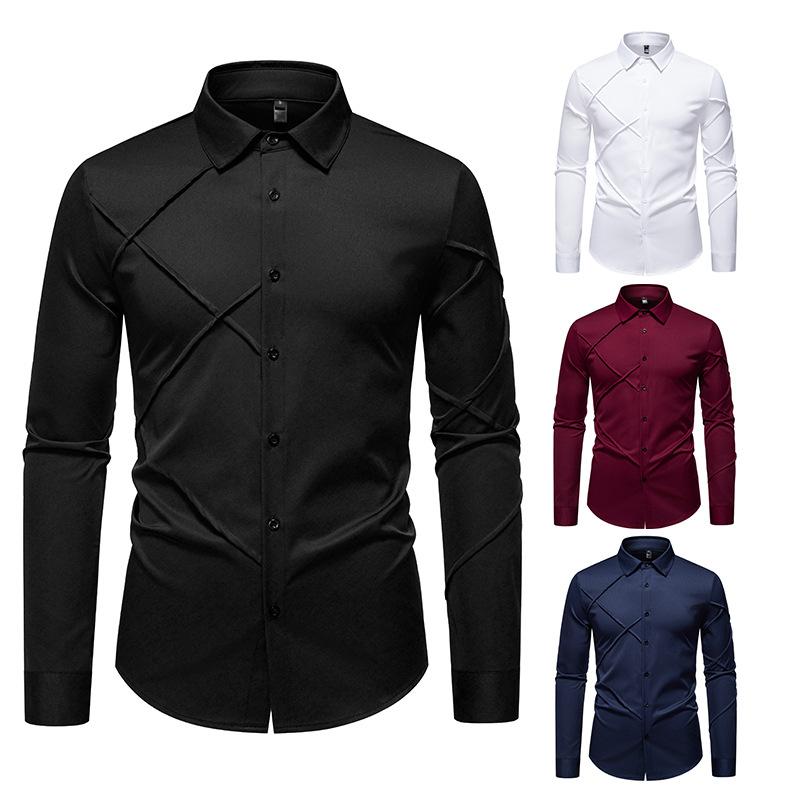 Autumn Men'S Solid Color Pleated Design Casual Long Sleeve Shirt Men'S Loose Shirt