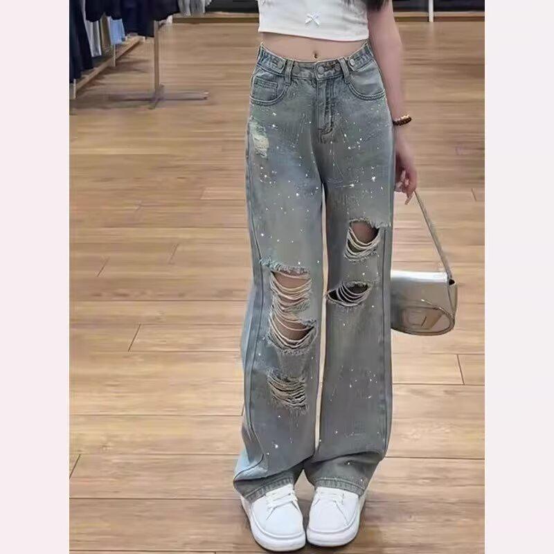 Women's Spring/Summer 2025 Rhinestone Ripped Wide-Leg Jeans - Plus Size, Light Wash, Floor-Length, Straight Leg.