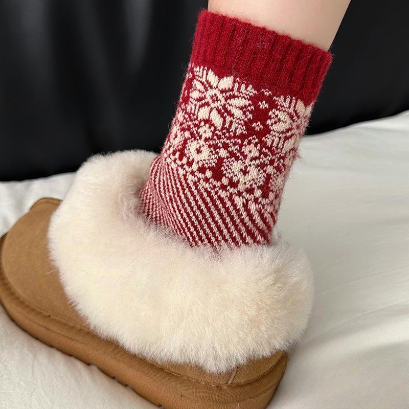 Rote Socken - Herbst/Winter Dicke und Warme Wollsocken mit Retro Fair Isle Doppelstrick Elastische Mittelhohe Socken