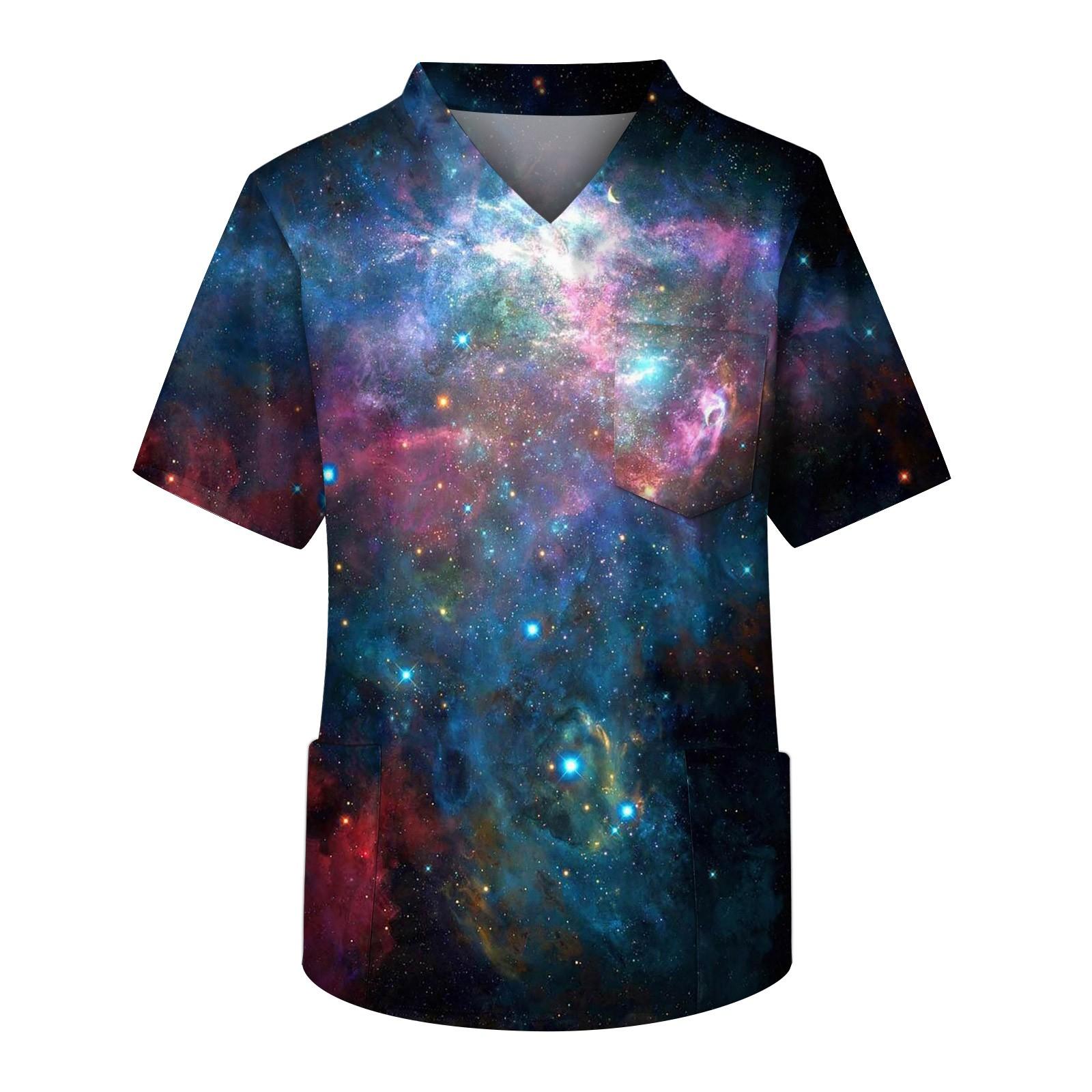 

Мужской рабочий топ с короткими рукавами и V-образным вырезом со звездами и нагрудным карманом XL тёмно-синий