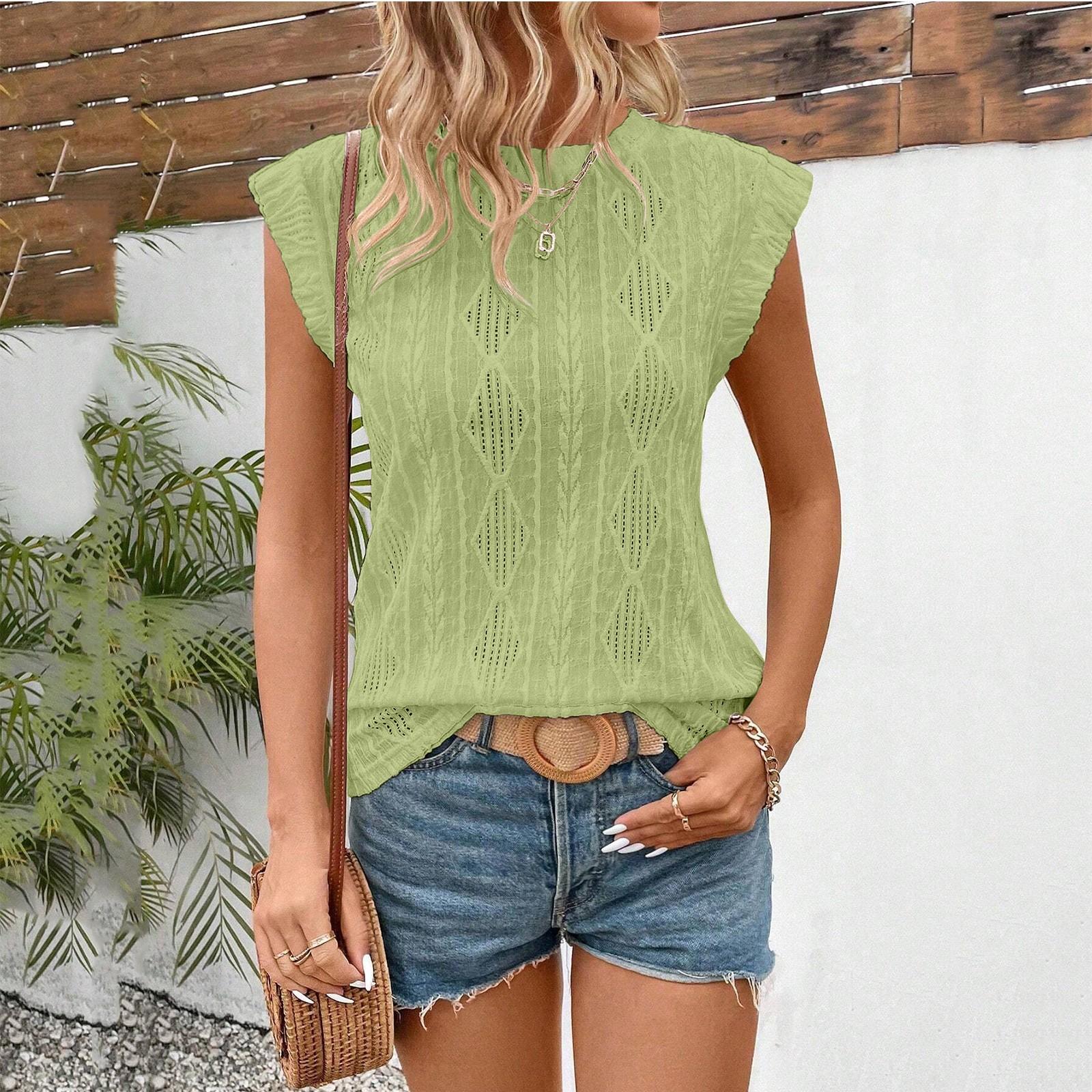 

Женский круглый вырез, ажурный жилет, короткий рукав, однотонный повседневный топ L