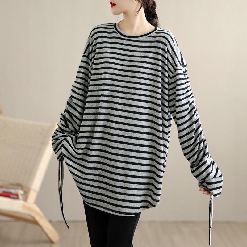 long sleeve oversized Knitted vintage stripe Casual loose spring autumn t shirt tops Women t-shirt