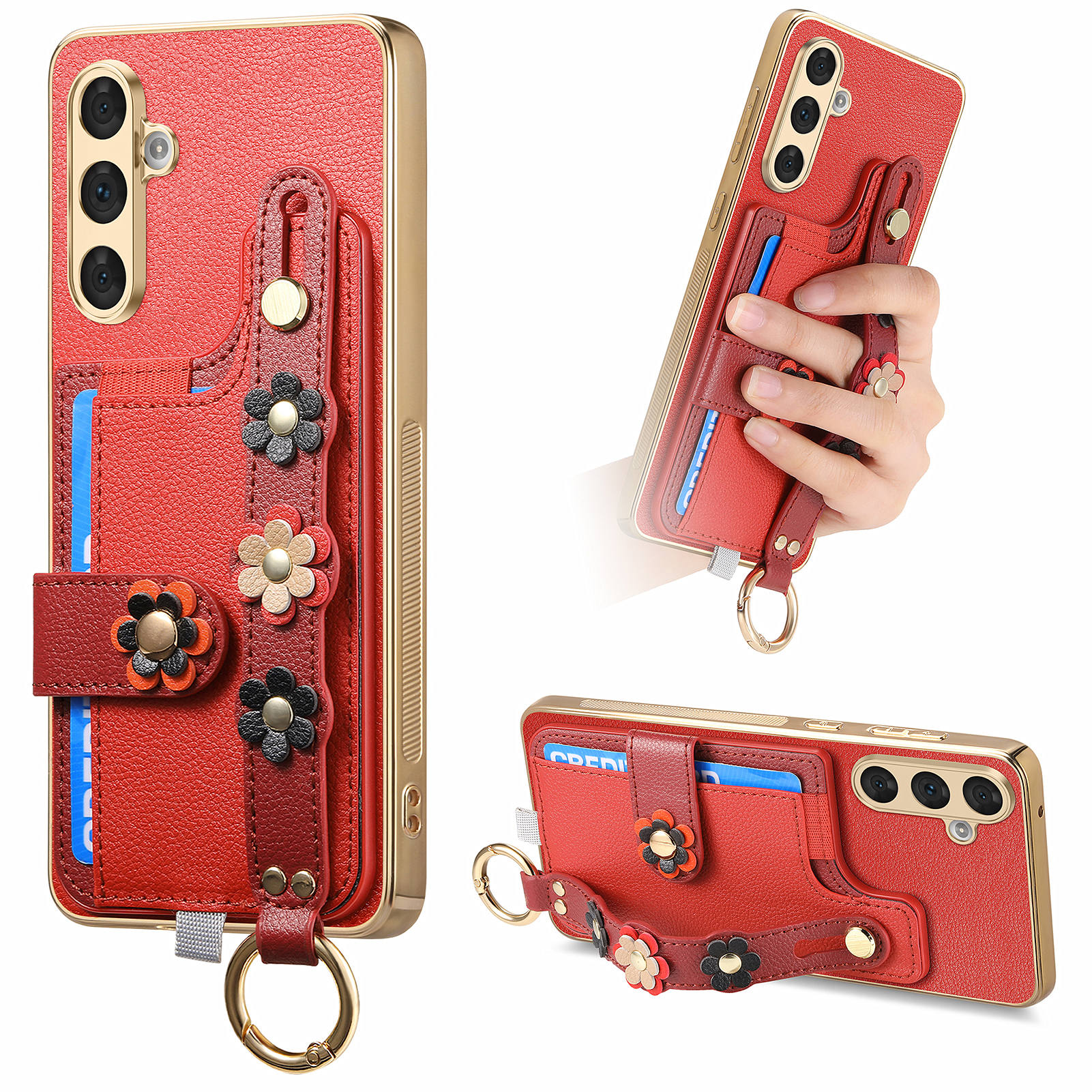 

W2 For Samsung Galaxy A54 5G Case Card Holder Leather Back Cover 3D Flower Wristband Red