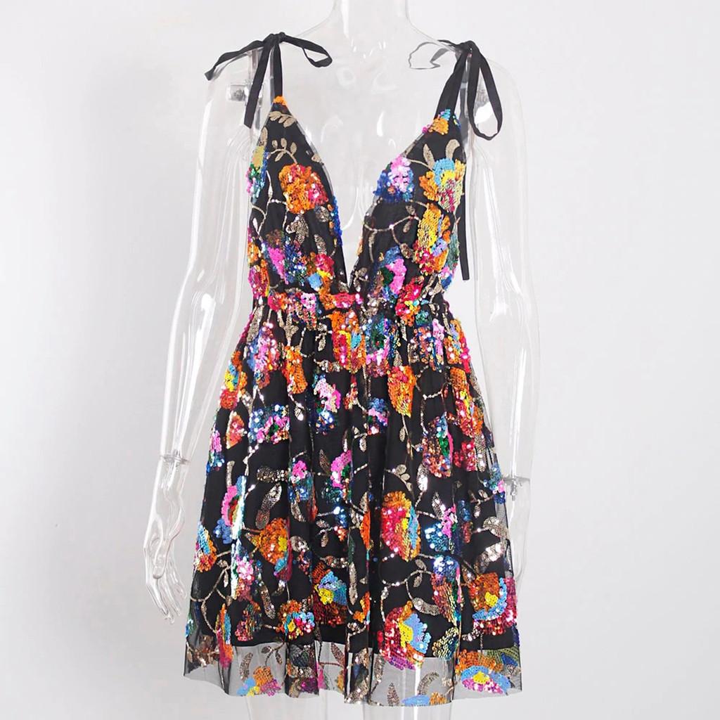 Elegant Polyester Sequin Short Dress With Vneck And Backless Design For Summer Party Wear