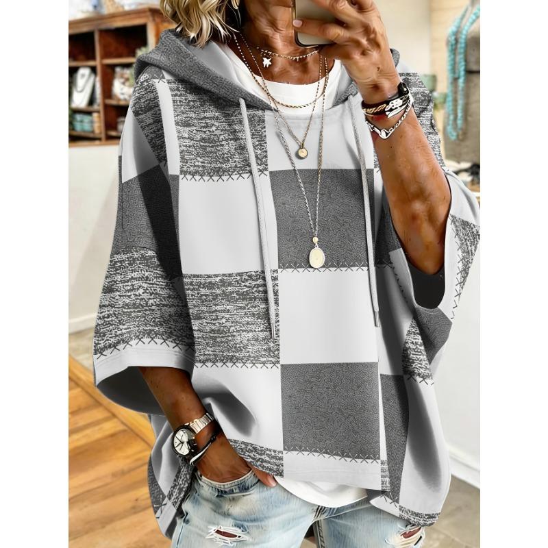 Bedruckter Karo-Patchwork-Kapuzenpullover für Damen, Europäischer/Amerikanischer Stil, Dreiviertelärm, Lässiger Lockerer Hoodie