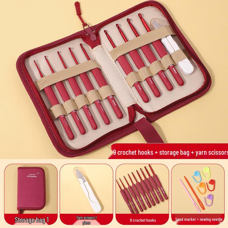Red Soft Grip Crochet Hooks Set: Handmade Silicone Non-Slip Knitting Needles with Bag