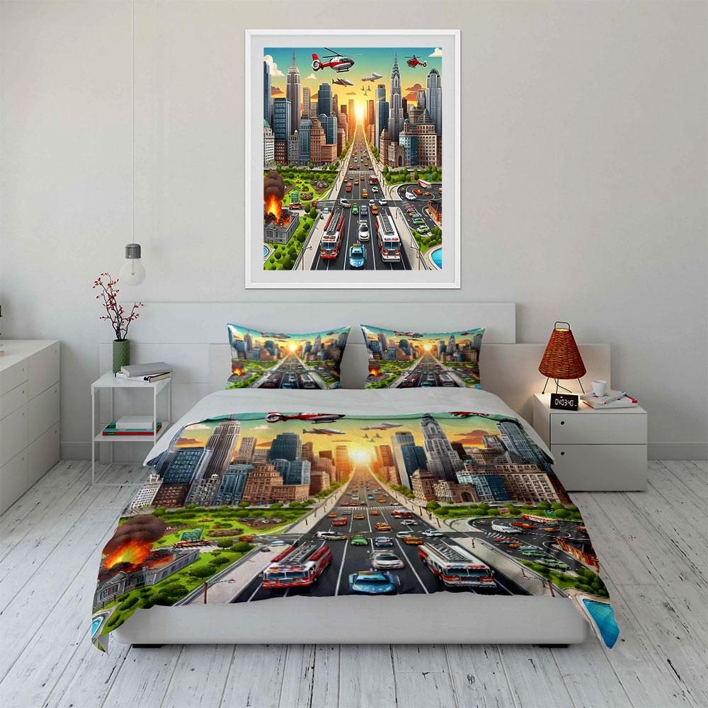 "Vibrant Cityscape Adventure" Bedding Sets Duvet Covers Pillowcases(1* Duvet Cover 2* Pillowcases Without Duvet Insert)