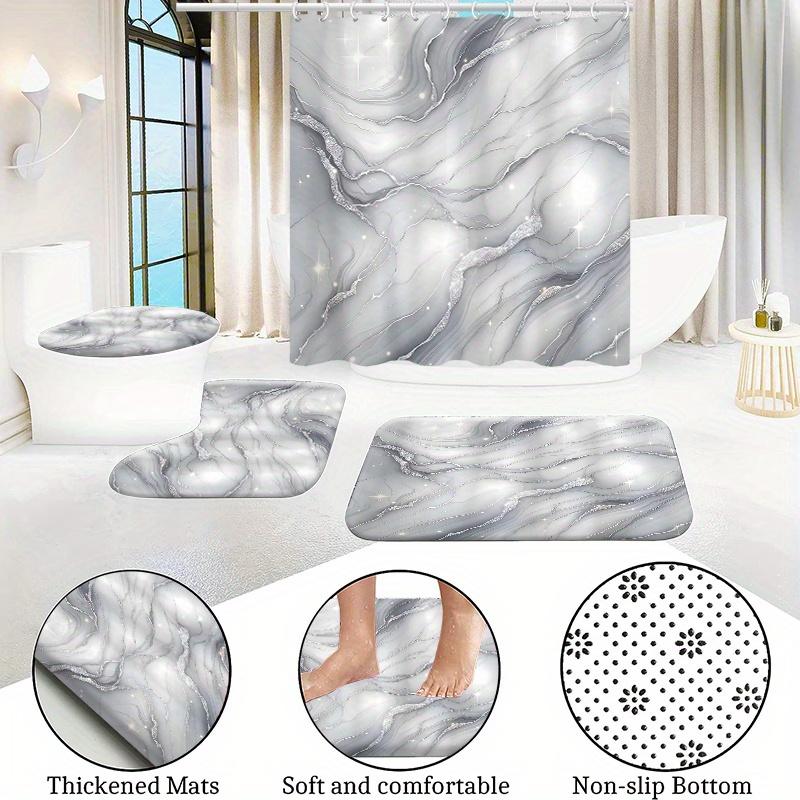 1/4 Stück Weißer Marmor Wasserdichter Duschvorhang Set Dekoratives Badezimmer-Set Rutschfester Teppich Toilettendeckel Badematte Und 12 Haken