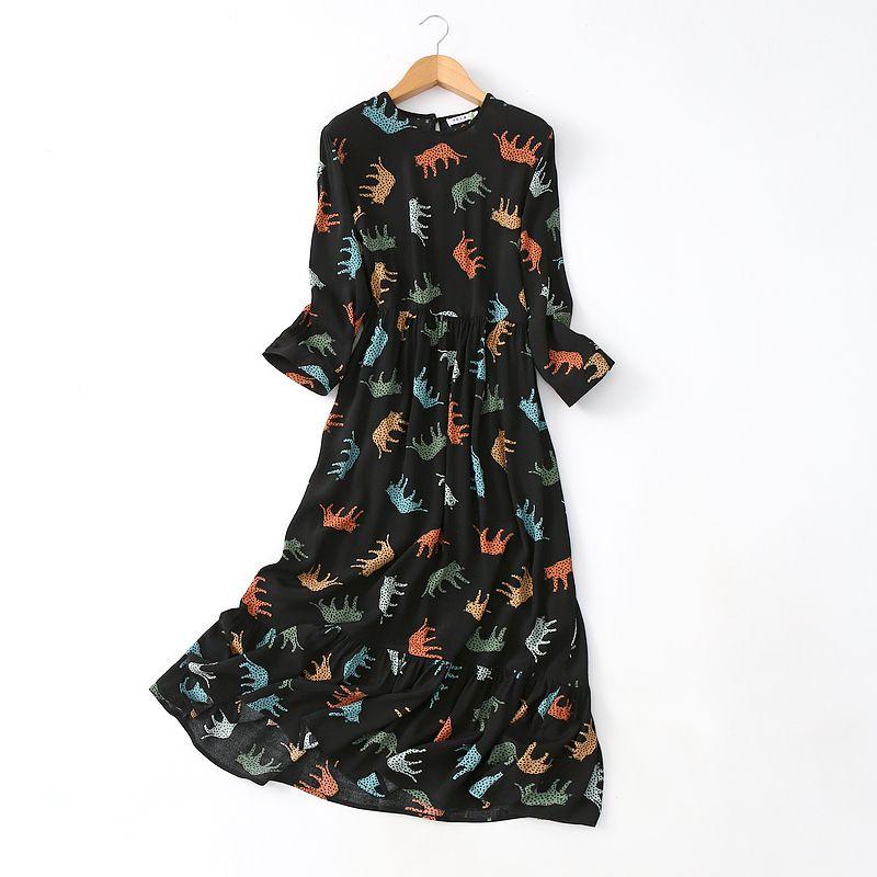 

Export Export High Quality Drape Viscose Dress French Style Temperament Retro Animal Print Long Sleeve Mid-Length Dress Black European code-XL (Bust size 106)