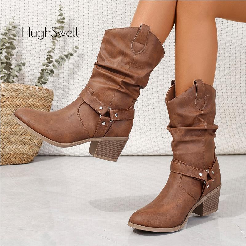 Fashion Classic Pleated Design Riding Boot Woman Triangle Buckle Strap Western Booties Ladies Heeled Pointed Toe Brand Design Long Botas