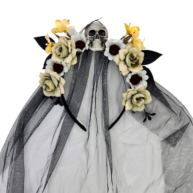 Halloween Witch Hairband With Skull Flower Design Tulle Veil For Day Of The Dead Costume Accessories Festival Props