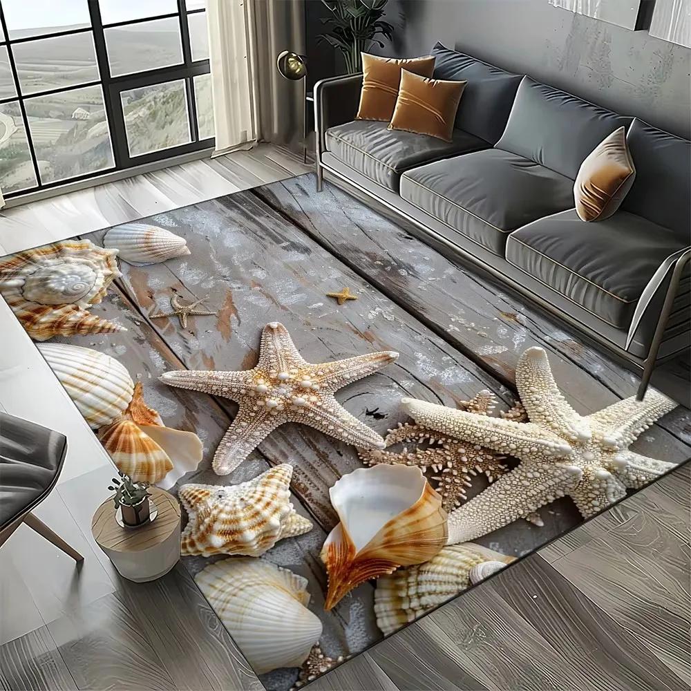 Starfish Beach Shell Sand Pattern Area Rug Coastal Ocean Carpet for Living Room Bedroom Kids Play Room Non-Slip Floor Mat