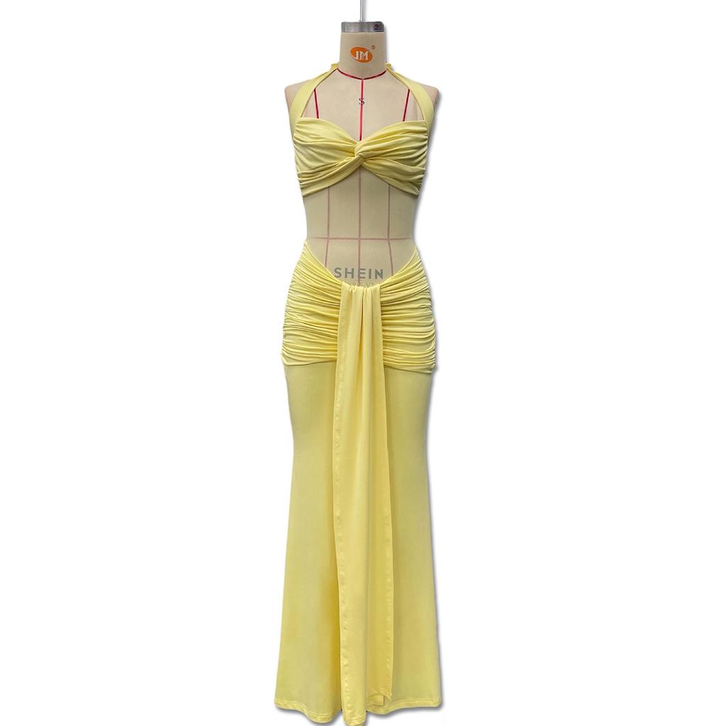 2025 Průsvitné síťované šaty s halter krkem: Evropsko-americký styl, Jednobarevný, S akcentem stuhy