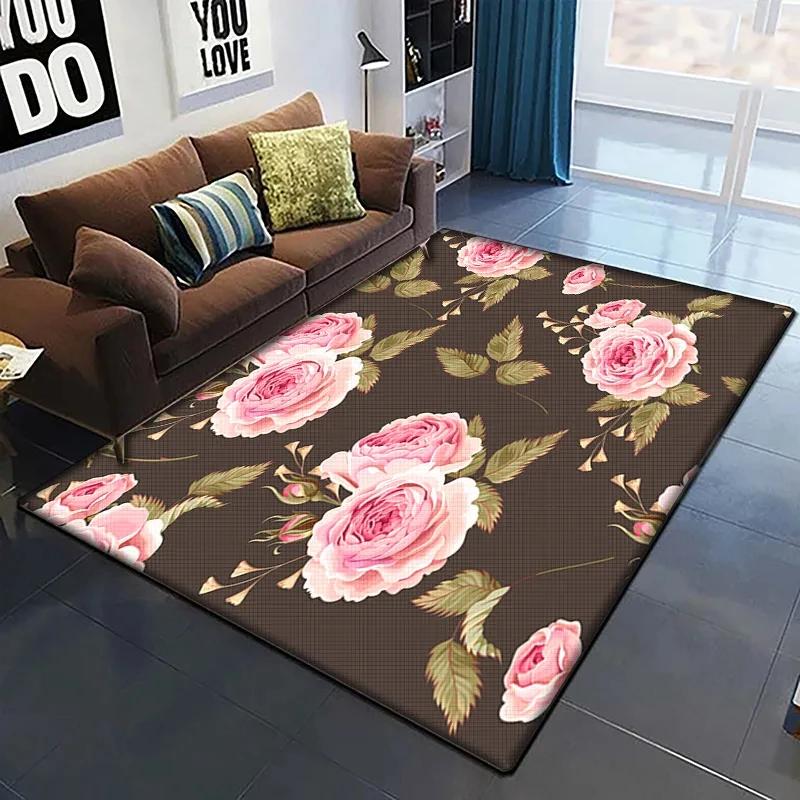 Rose Flower Print Carpet Living Room Rugs Anti-Slip Bedroom Bathroom Home Sofa Decor Floral Floor Mats Balcony Hallway Doormat