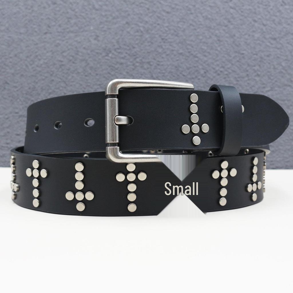 Y2K Punk Men's Genuine Cowhide Leather Belt with Full Row and Cross Rivets