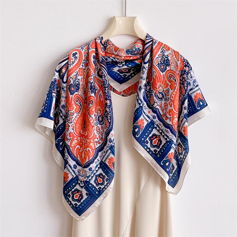 Exotic retro imitation silk high-end large square scarf silk scarf printed shawl decorative scarf sunscreen scarf headscarf scarf