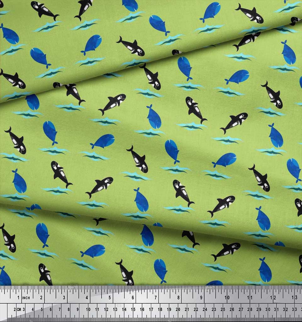 Soimoi Japan Crepe Satin Fabric Waves,Whale & Dolphin Ocean Decor Fabric Printed metre 42 Inch