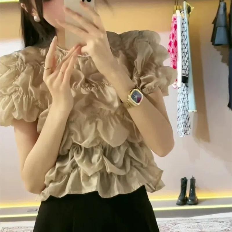 Puff Sleeve Folds Summer 2024 Women's New Patchwork O-Neck Fashion Elegant Solid Color Gauze Casual Short Sleeved Blouses Shirts