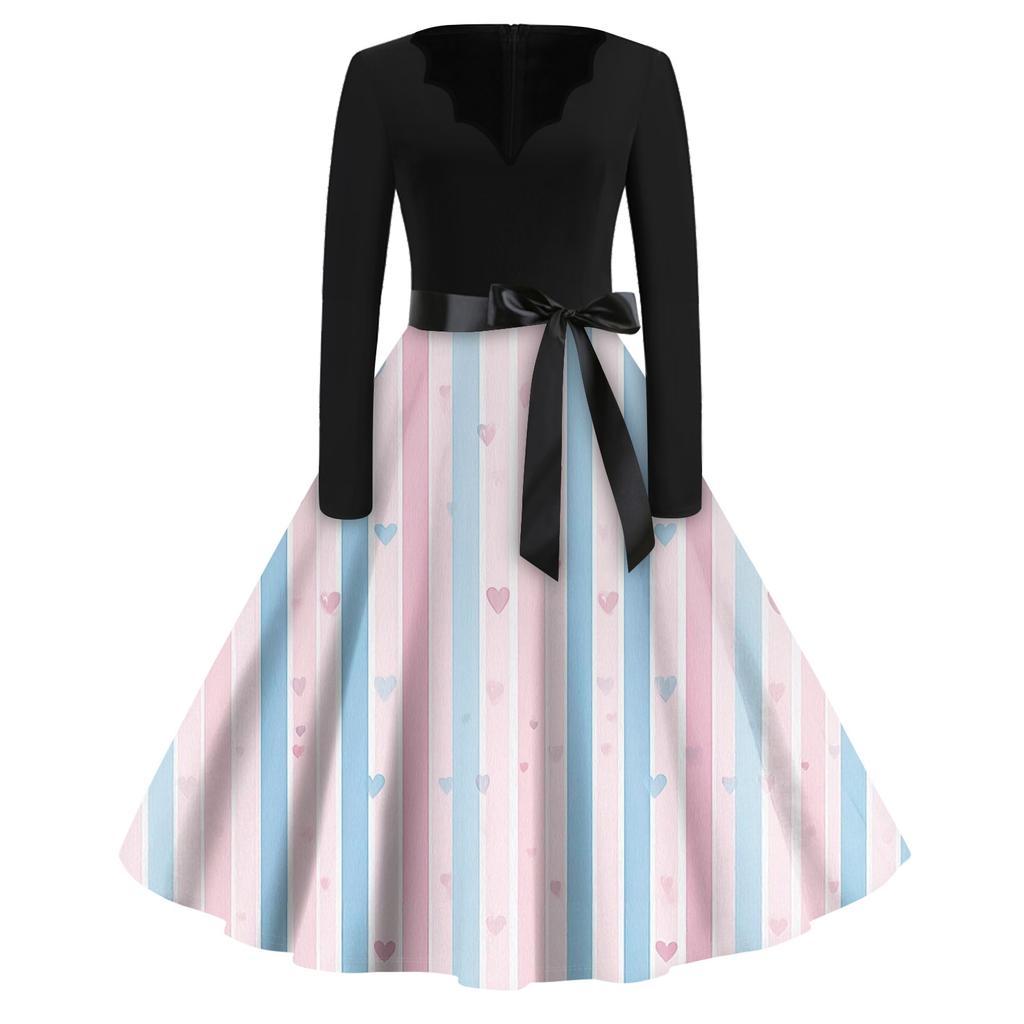 Print Flare Dress For Women Long Sleeve Dress Hollow Party Casual Dresses