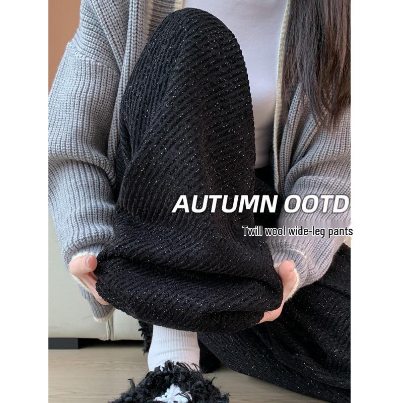 

Women s Petite High Waist Black Lurex Twill Wide Leg Pants with Velvet Lining - 2024 Autumn/Winter Slim Fit Trousers L [105-120 lbs]