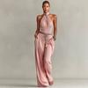Conjunto de dos piezas de primavera y otoño transfronterizo: top sin mangas con cuello halter plisado y pantalones anchos holgados