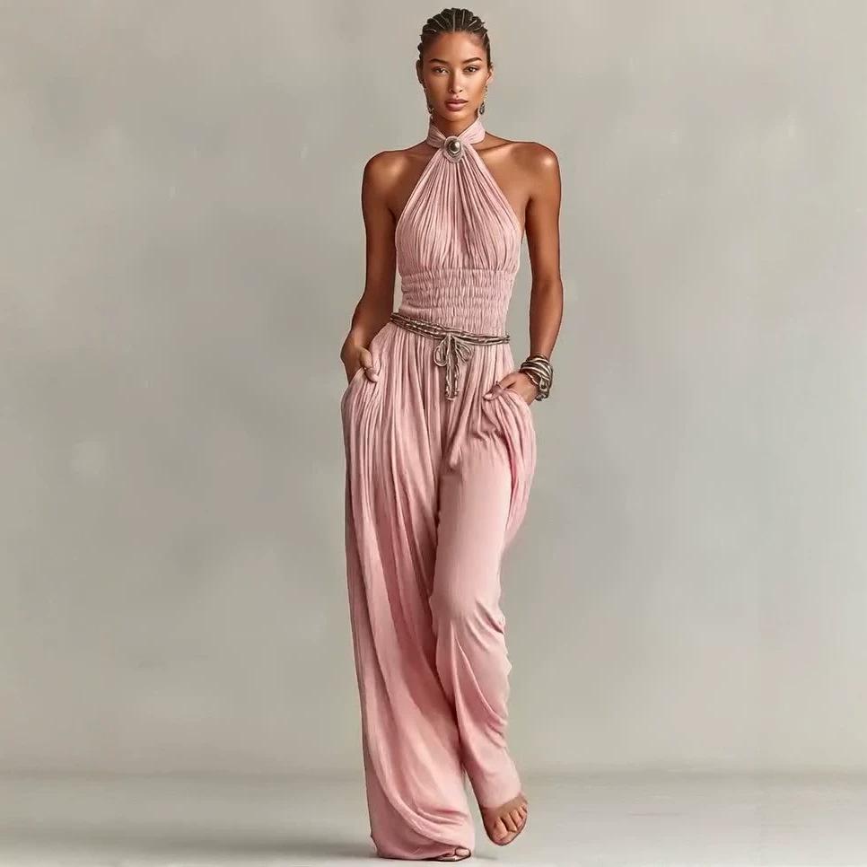 Conjunto de dos piezas de primavera y otoño transfronterizo: top sin mangas con cuello halter plisado y pantalones anchos holgados