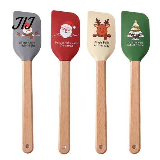 Heat Resistant Kitchen Gadgets Silicone Spatula with Wooden Handle, Christmas Tree/Snowman/Santa Claus/Elk Pattern Hanging Hole Decor, Non-stick