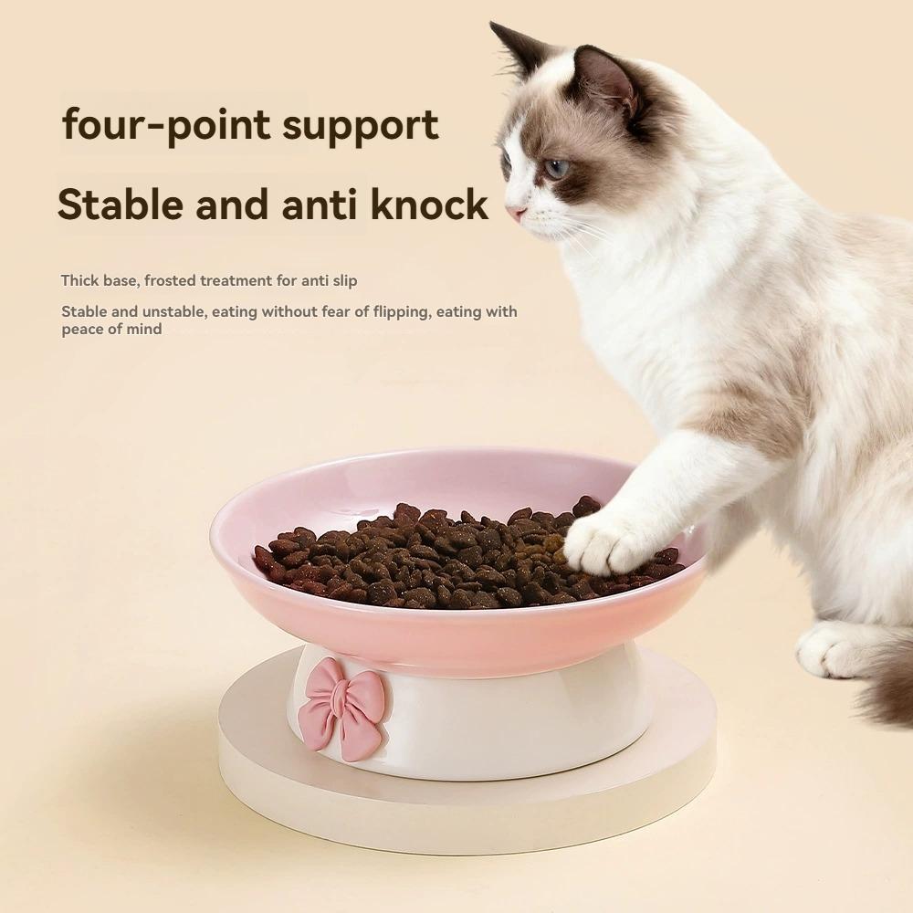 Cute Bow High-Footed Ceramic Cat Bowl, Elevated Pet Food Bowl for Anti-Vomiting, Multiple Colors Available