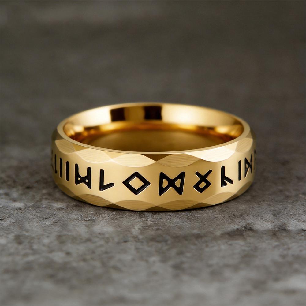 

Men S Stainless-Steel Rings Punk Viking Rune Men Rings Bevel Vintage Rings Silver Ring Jewelry for Man 13 золотий