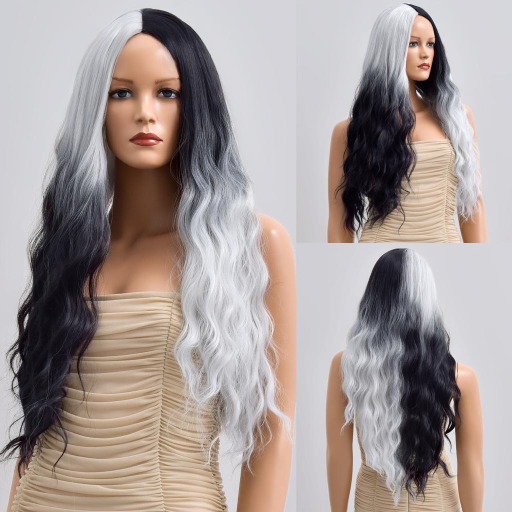 Synthetische Perücke für Frau, blau gefärbt, Ombre, langer Körper, Wasserwelle, Cosplay-Party, Lolita, 28 Zoll, hitzebeständige Nutural-Perücke