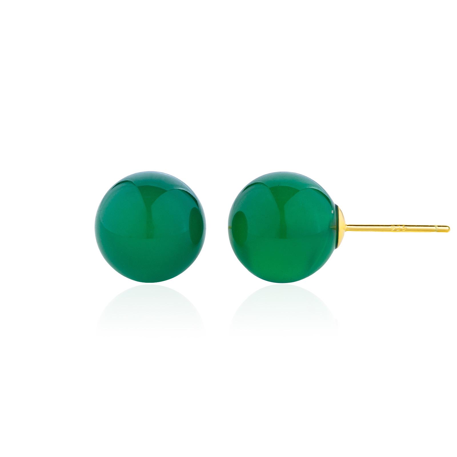 S925 Sterling Silver Green Chalcedony Retro Emerald Earrings: Simple Round Ball Studs 925 Silver