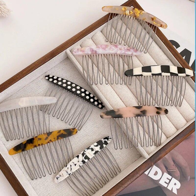 Exquisite Acetate Print Checkered Hair Comb Hairpin Vintage Side Hair Clip Hairgrip Fashion Hair Accessories For Women Headdress