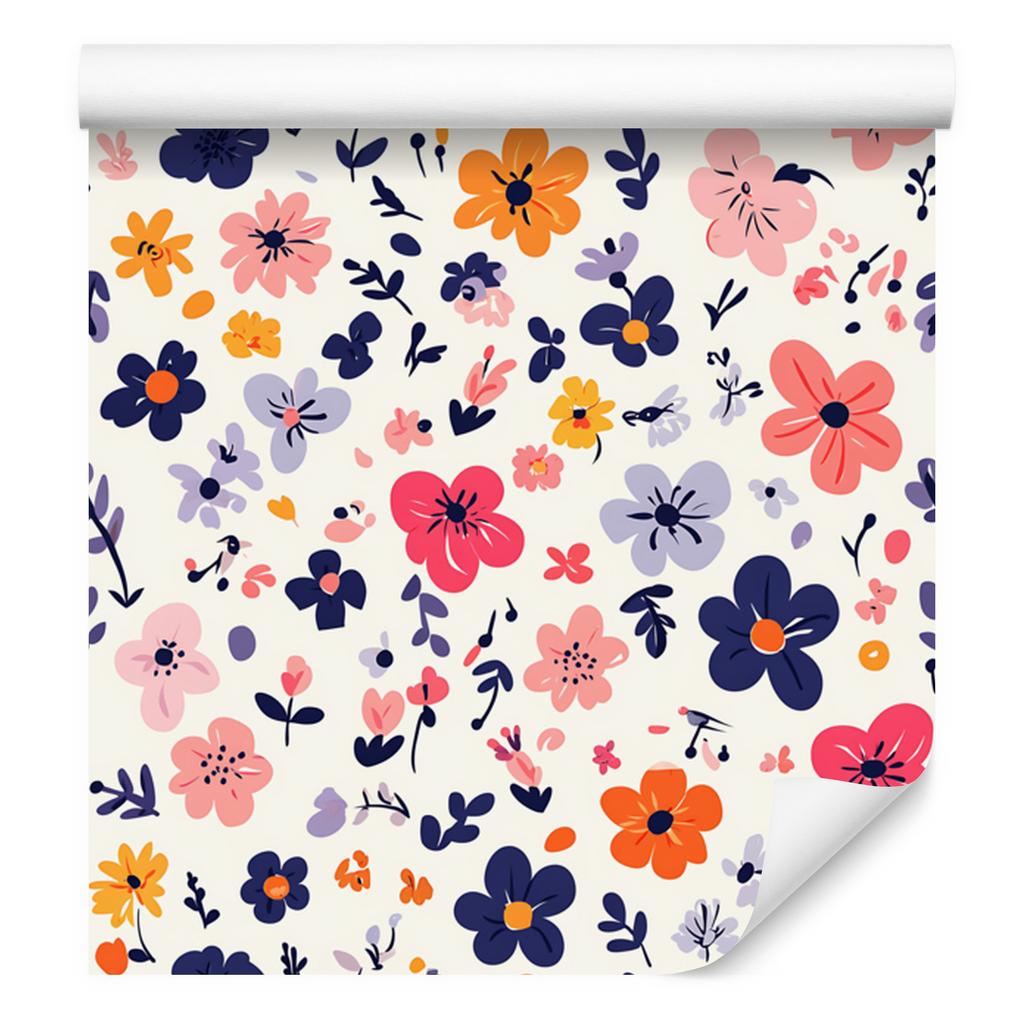 Cottagecore Flowers Wallpaper White, Light Gray and Coral 50x1000