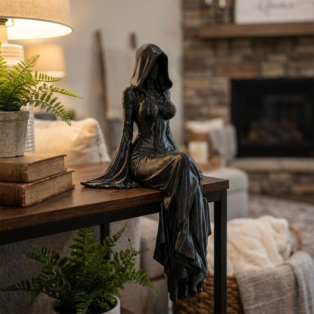 3D Printed Sitting Pose Lady Sculpture Gothic Style Hooded Woman Statue Home Decor