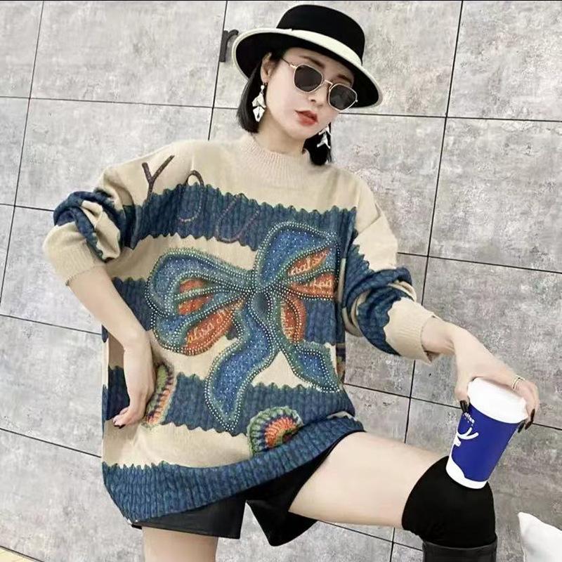 2023 Mink Velvet Bowknot Plus Size Sweater - Autumn/Winter Printed Knitwear