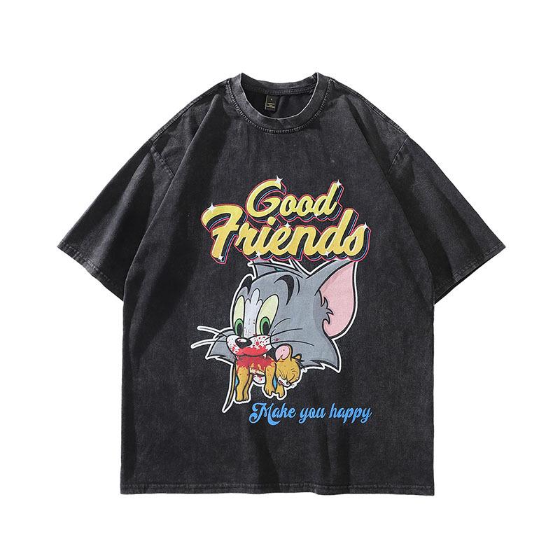Harajuku Japanese Street Cartoon Print Old Short-Sleeved T-Shirt Men'S Trendy Brand Hip-Hop Loose Washed Five-Quarter Sleeve T-Shirt