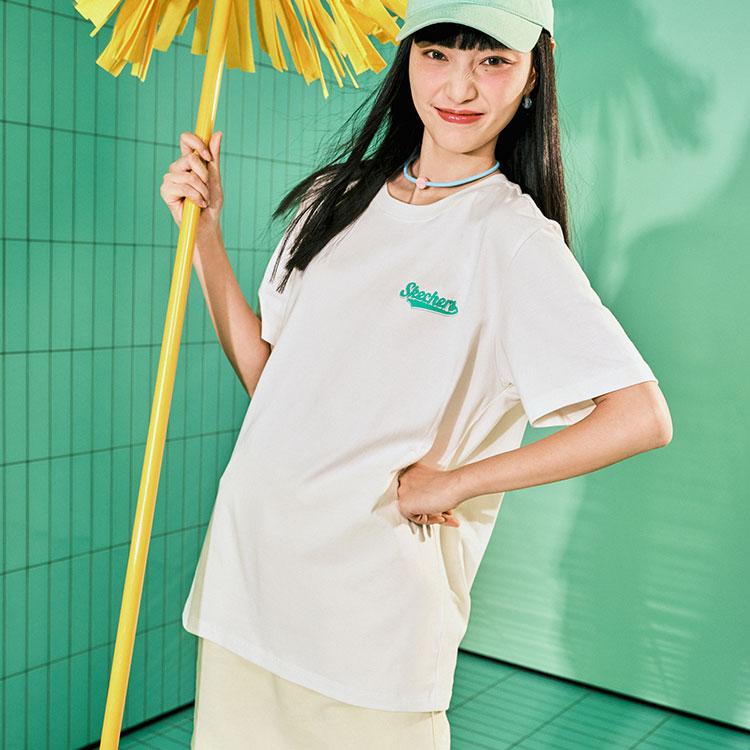 Skechers Casual Letter Print Round Neck Simple Cool Dry Sports Short Sleeve T-Shirt Unisex Tops Cotton-Candy-White L224U080-0074