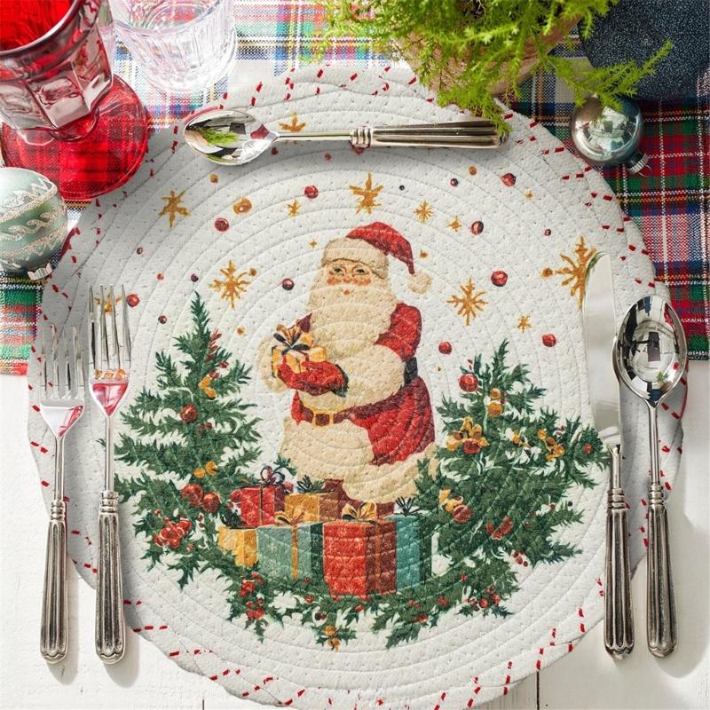 Christmas Snowflake Embroidered Round Table Placemat Heatproof Waterproofs Washable Decorative Dining Accessory