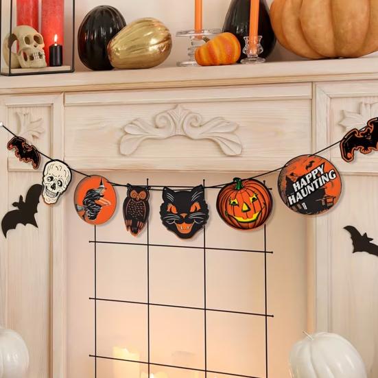 Vintage Halloween Garland Decorations Spooky Wooden Pumpkin Skull Owl Witch Bat Hanging Bunting Banner for Party Home Wall Decor