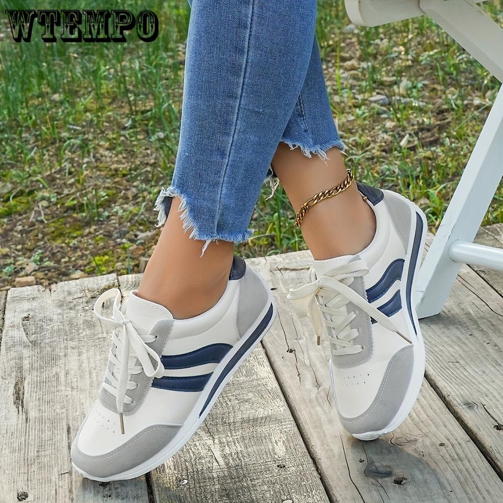 Women's Casual White Sneakers with Blue Accents - Breathable & Comfortable Lace-Up Running Shoes, Low-Top Fitness & Travel Footwear, Soft Rubber Sole