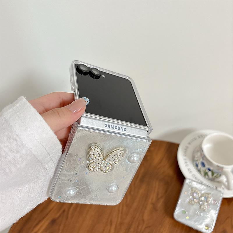 Rhinestone Pearl Bow Phone Case Premium Sense Applicable Samsung Zflip6 Flip Folding Zflip7 Women'S Fashion